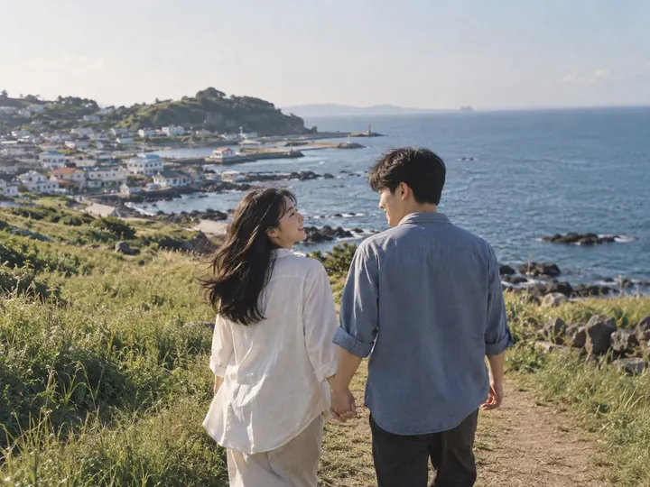 A couple walking together by the coast.