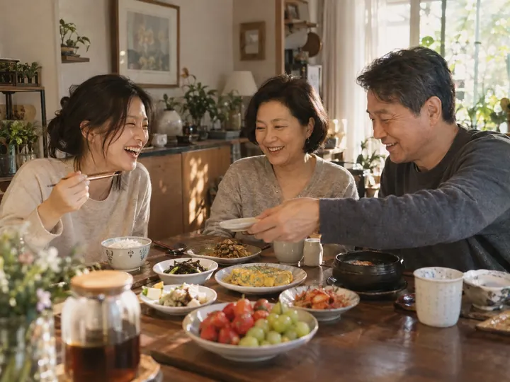 Parents and their adult child sharing a meal at home.