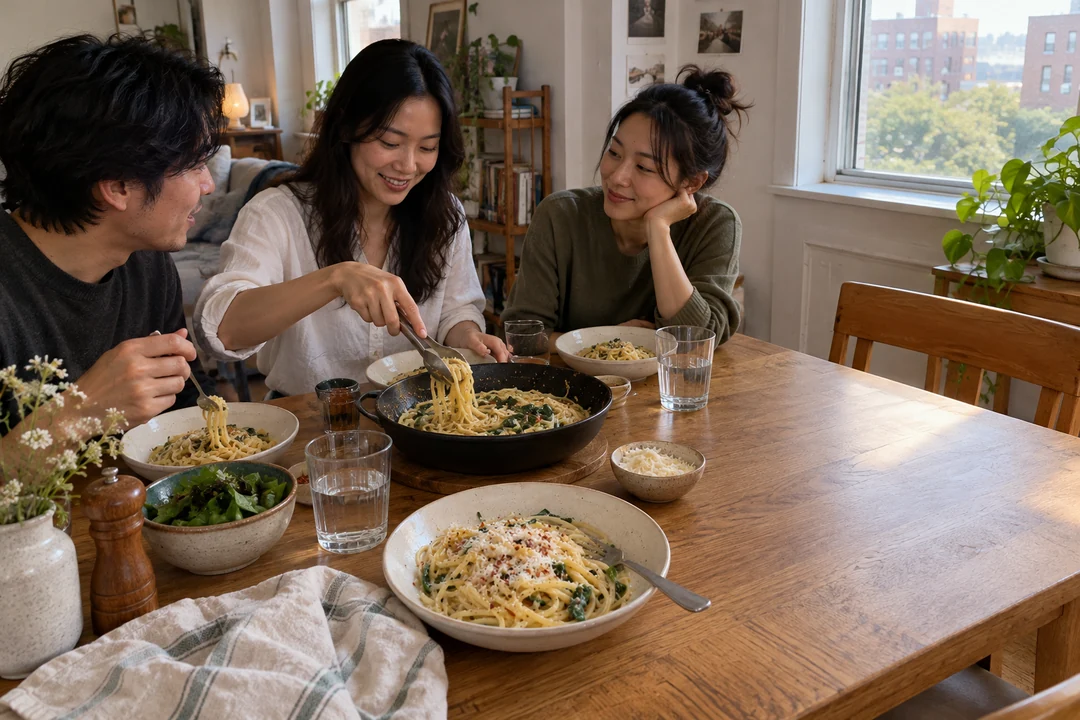 Three friends sharing pasta and talking at home.