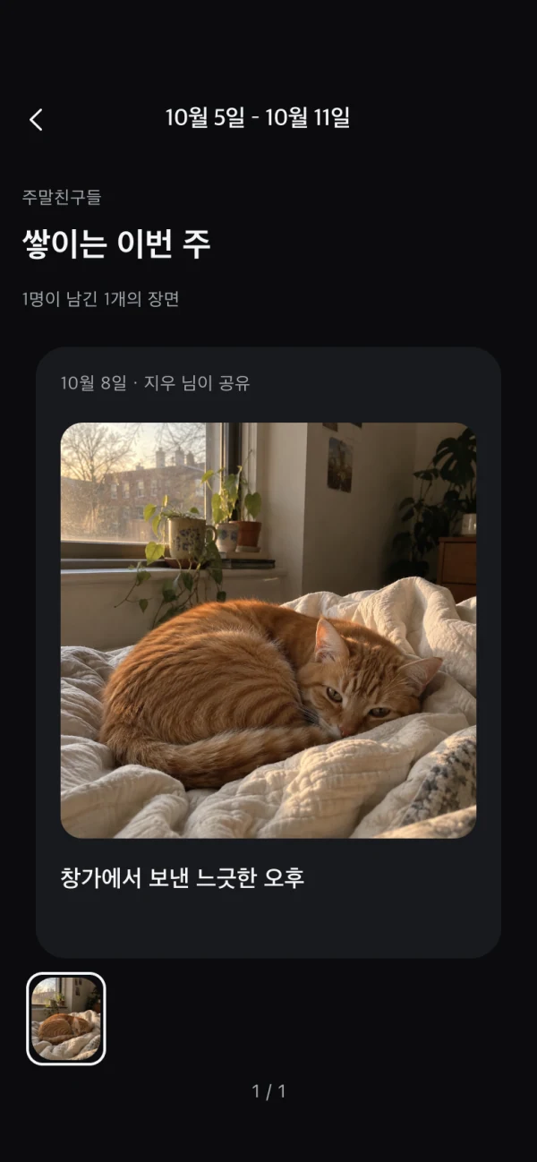 O-Uni’s weekly record, showing the date, contributor, and photo. Interface in Korean.