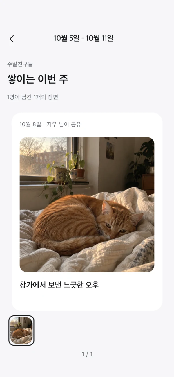 O-Uni’s weekly record, showing the date, contributor, and photo. Interface in Korean.